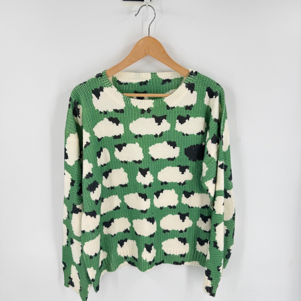 Unbranded Sheep Print Knit Sweater Green 1XL Animal Pattern Novelty Cozy